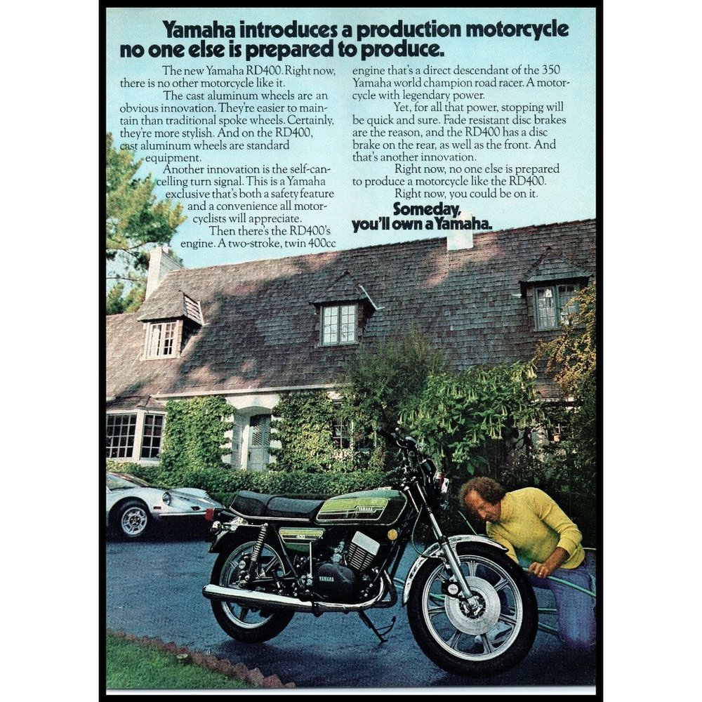 1976 Yamaha RD400 Motorcycle Vintage Print Ad English Ivy Wood Shingle Wall Art